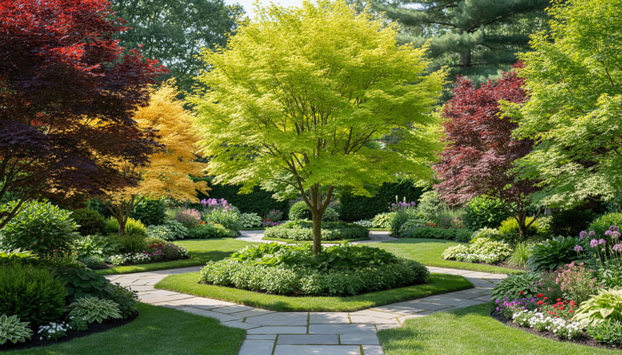 Japanese maple ornamental tree with vibrant red and green leaves in warm golden-hour light.