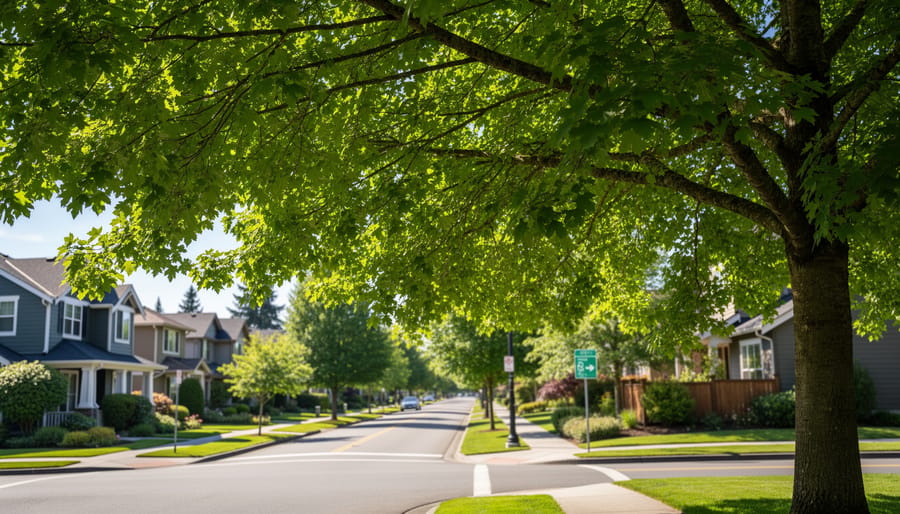 Mature evergreen tree canopy over a residential sidewalk in Kirkland
