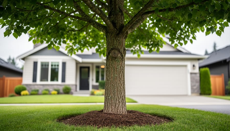 “Mature leafy tree in a suburban residential yard, photographed from low eye level with the trunk and canopy in sharp focus.”