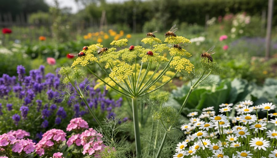 Ladybug perched on a fennel flower head in a garden bed