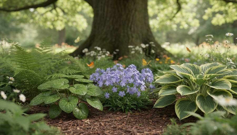 Native shade perennials thriving in a mulched woodland garden under an oak tree, with lush green foliage and small blossoms in soft dappled light.