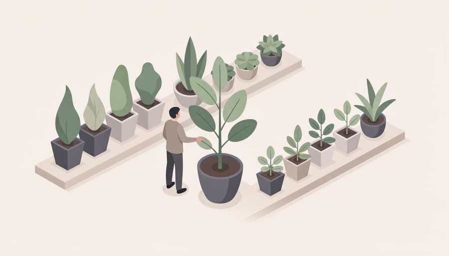 Gardener comparing potted plants in a nursery aisle with a clipboard