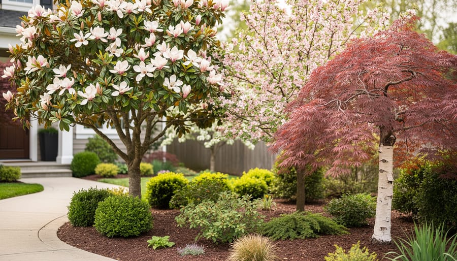 Ornamental trees in a garden with magnolia blossoms, crabapple flowers, and Japanese maple foliage near a walkway.