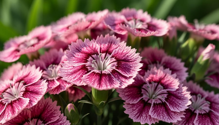 Pink dianthus flowers growing in a garden border with green leaves and buds