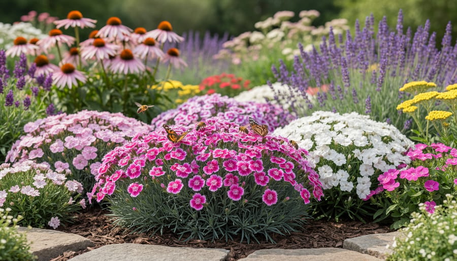 Wide view of a pollinator garden bed with dianthus flowers and other blooming plants