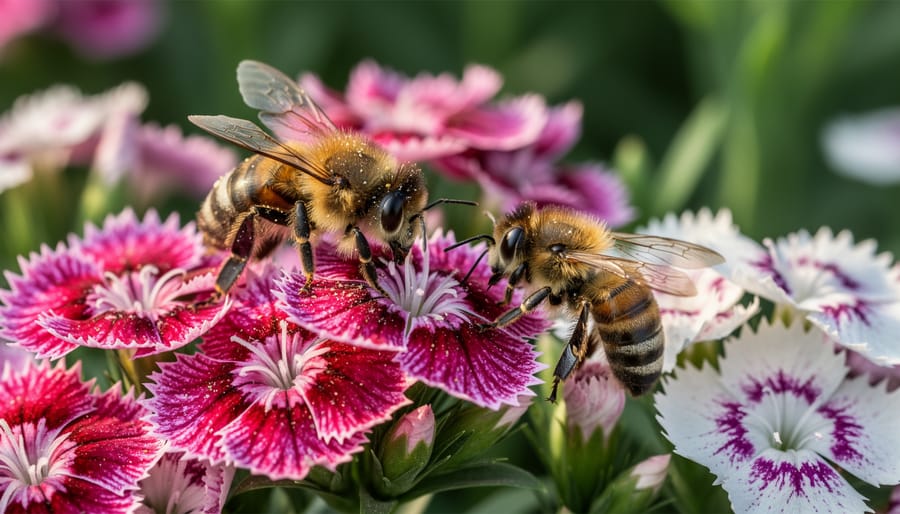 Honeybee and butterfly feeding on dianthus blossoms in a sunny garden