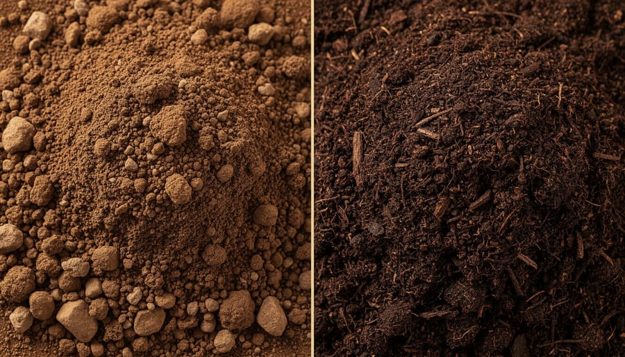 Close-up of dark compost and potting mix textures on a garden tarp