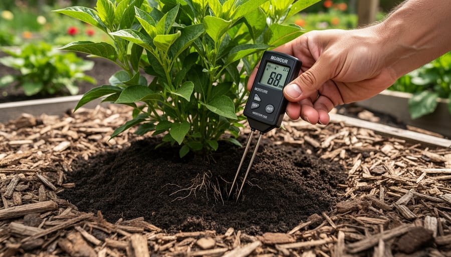 Gardener inserting a soil moisture probe into dark soil beside gardening tools