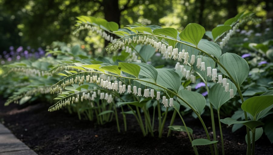 Solomon’s seal with arching stems and dangling white flowers in a shaded woodland setting.