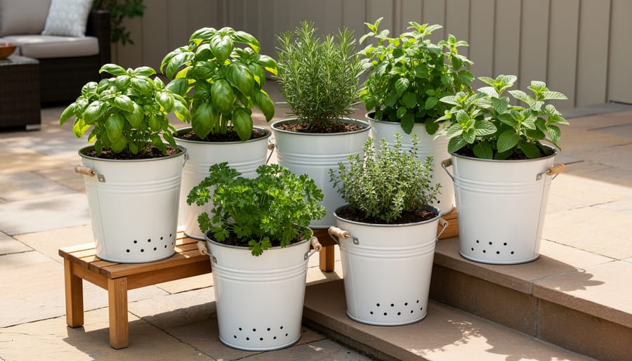 Several 5-gallon buckets filled with potting mix growing herbs like basil, thyme, and parsley on a sunny patio.