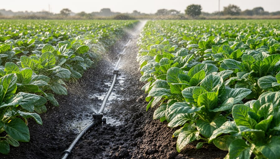 Healthy leafy plants growing in mulched soil in a home garden bed