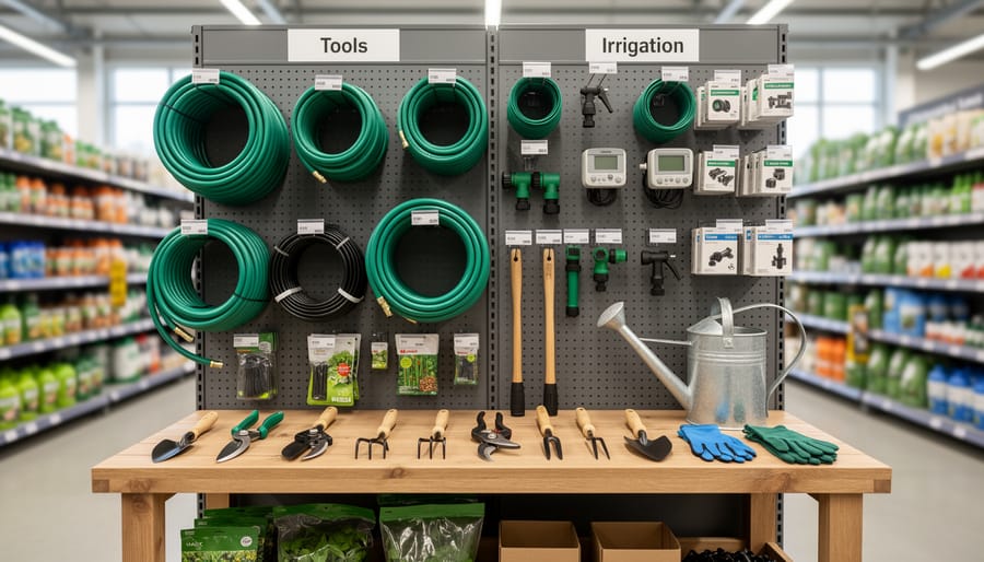 Garden tools and irrigation materials laid out beside a raised bed in warm golden hour light