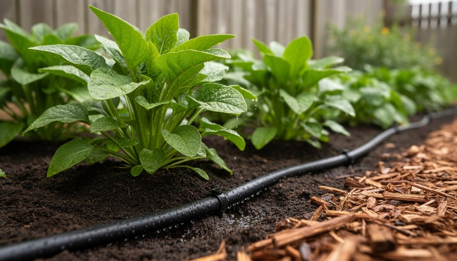 Drip irrigation and soaker hose watering a thriving garden bed with moist soil around healthy plant roots.