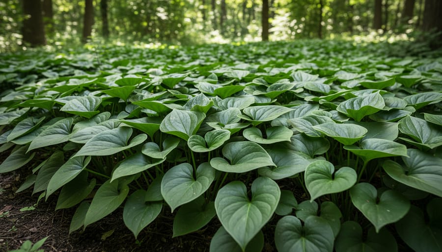Wild ginger groundcover with heart-shaped leaves growing in shaded forest soil.
