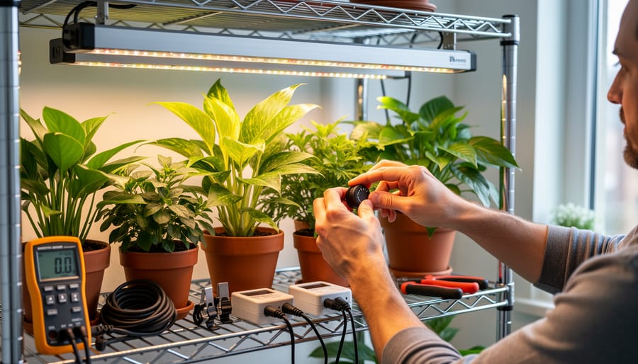 Hands adjusting an LED grow light fixture over seedling trays inside an indoor gardening area