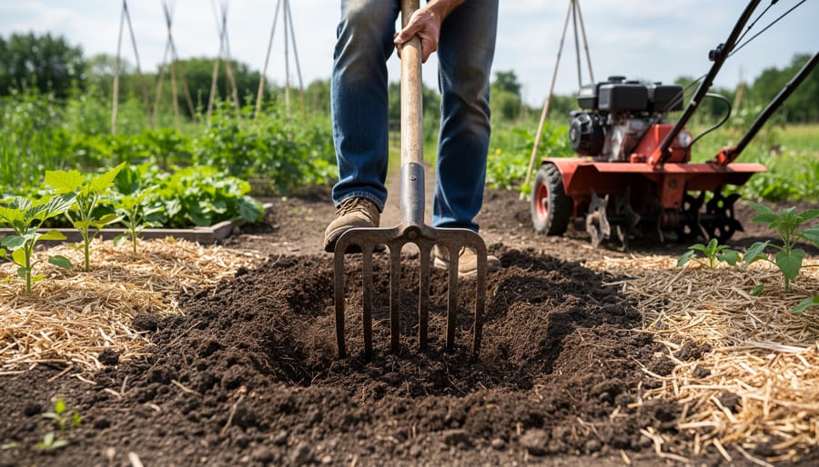 A broadfork inserted into compacted soil in a vegetable garden row with a gardener operating it.