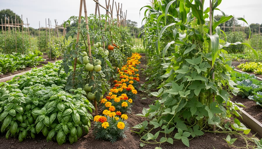 Companion planting in a vegetable garden bed with basil, tomato vines, marigolds, beans, and corn growing together among rich soil.