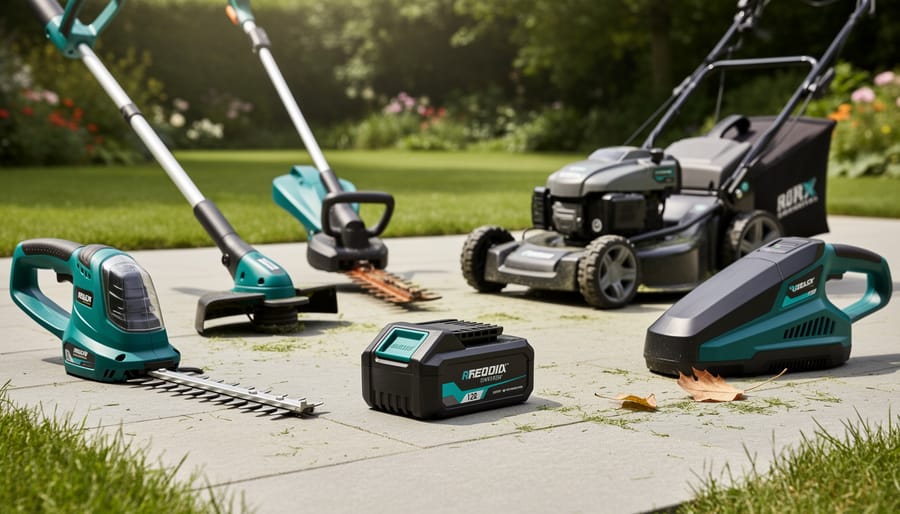 Gardener hands holding a cordless battery pack beside hedge and grass trimmers on a workbench