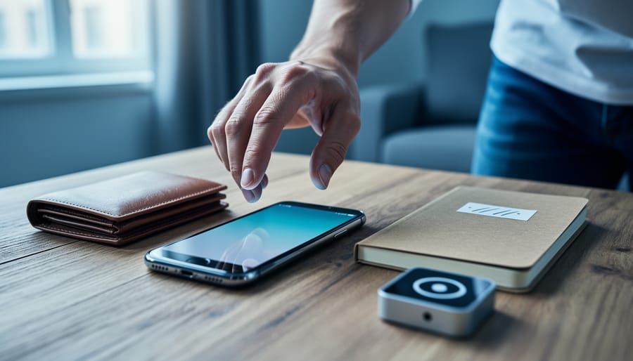 Hand hovering over a smartphone next to a closed wallet and budget notebook on a table, suggesting setting gambling limits with money and time controls.