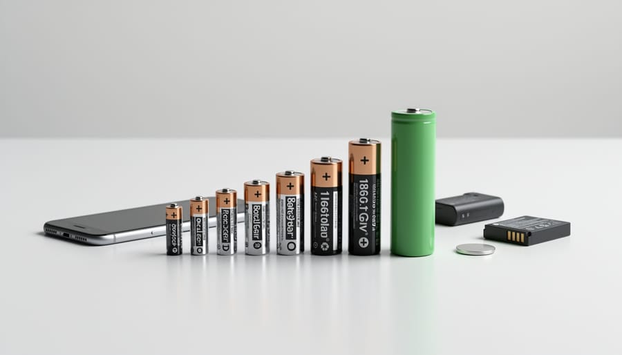 Three cordless battery packs of different sizes arranged on a potting table with soil