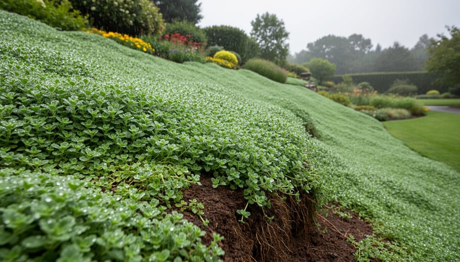 Dense, established native groundcover and grasses on a mulched slope showing soil held in place with no visible washout.