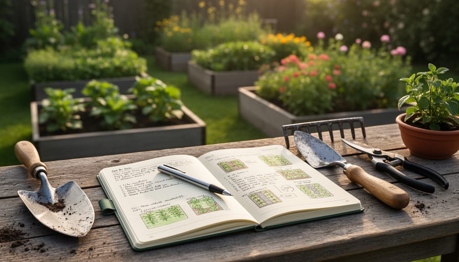 Open garden journal on a wooden bench with gardening tools nearby
