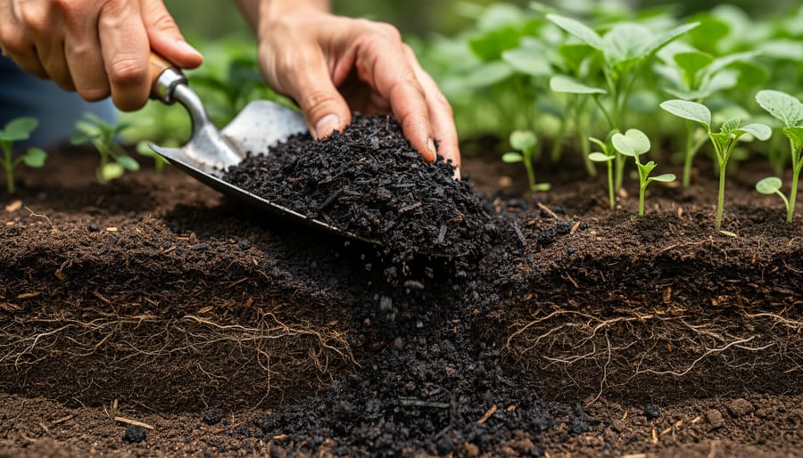 Gloved hands spreading compost onto dark garden soil in a raised bed.