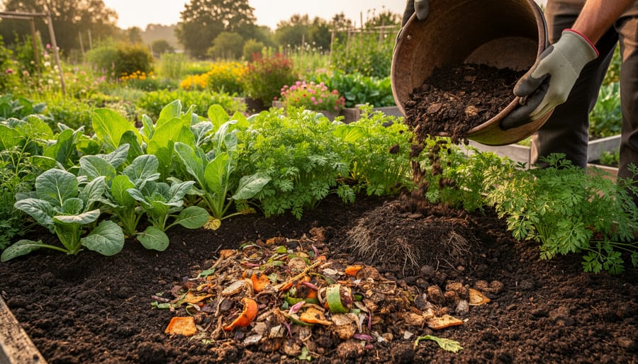 Gloved hands spreading dark compost over a mulched garden bed