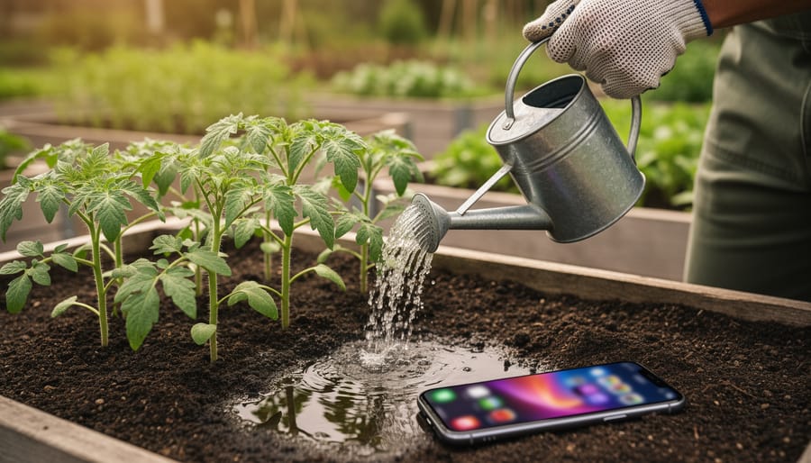 A gardener watering tomato seedlings in a raised bed, with a soft, out-of-focus smartphone glow suggesting responsible online casino play.