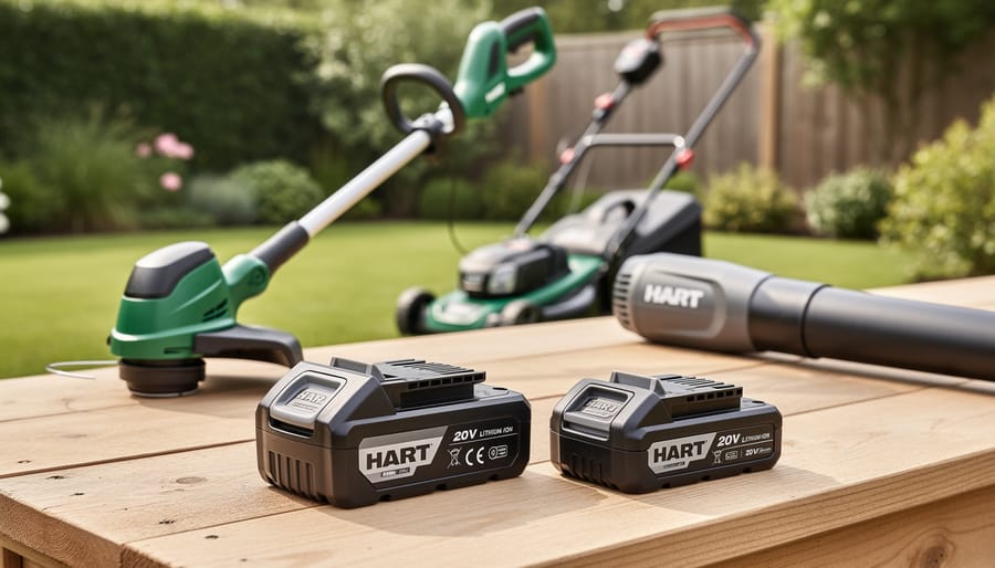 Close-up of a 20V cordless battery pack on a garden workbench next to cordless lawn and yard tools in a green outdoor setting.