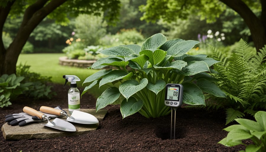 A shade garden with healthy plants and gardening tools including a soil moisture meter