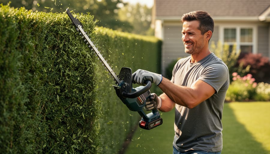 Gardener using a cordless hedge trimmer with a battery while trimming a hedge at golden hour