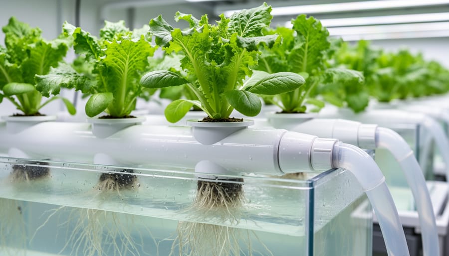 Hydroponic system with net pots and visible plant roots in nutrient solution