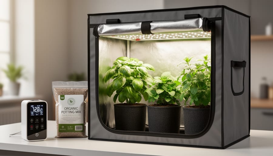 Indoor grow tent with full-spectrum LED light, potted herbs, and nearby humidity and growing supplies on a clean surface.