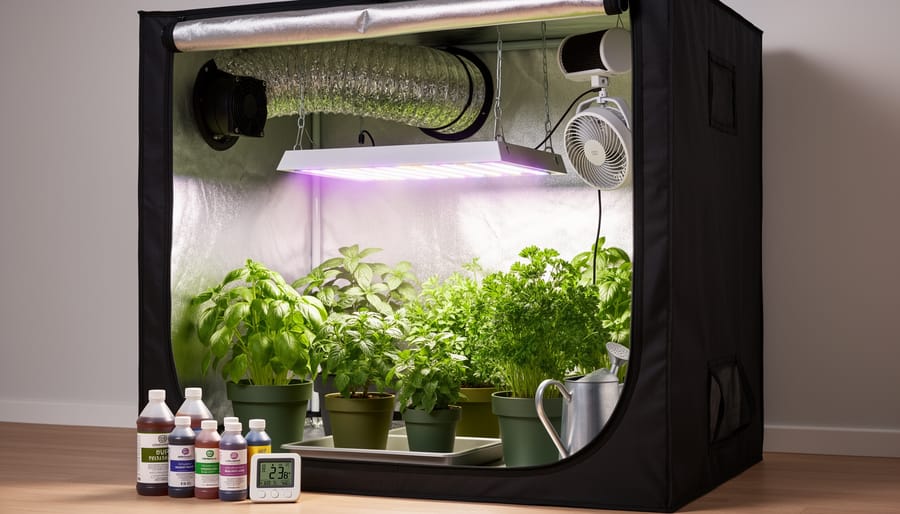 LED grow light and oscillating fan inside an indoor grow tent with healthy green herb plants