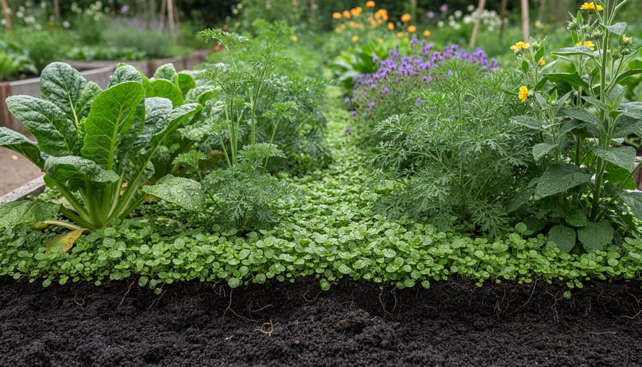 Gardener’s hands lifting living mulch to reveal rich dark soil beneath in a garden bed.
