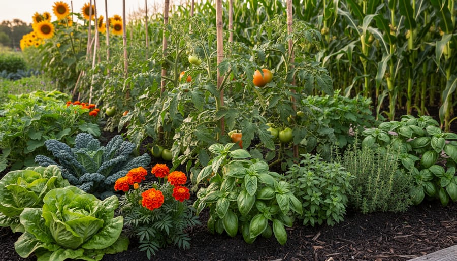 Tomato plants growing alongside basil and marigolds in a healthy mixed vegetable bed.