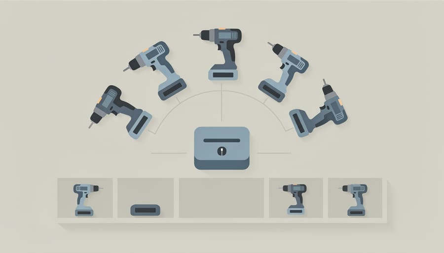 Garden tool shed shelf showing multiple cordless tools and a battery charging station arranged together