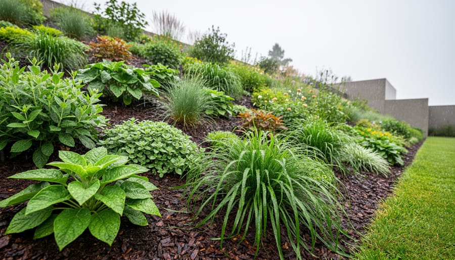 Rainy perennial garden on a slope with groundcovers and grasses holding soil in place and water beading on wet foliage.