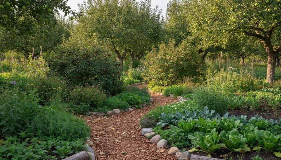 Backyard permaculture garden with a fruit tree surrounded by mulched beds and diverse plants