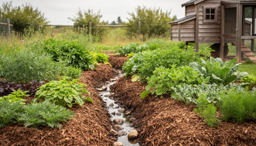 “Layered permaculture garden with thick mulch, diverse plants, and a curved rainwater swale with a small rustic coop in the background.”