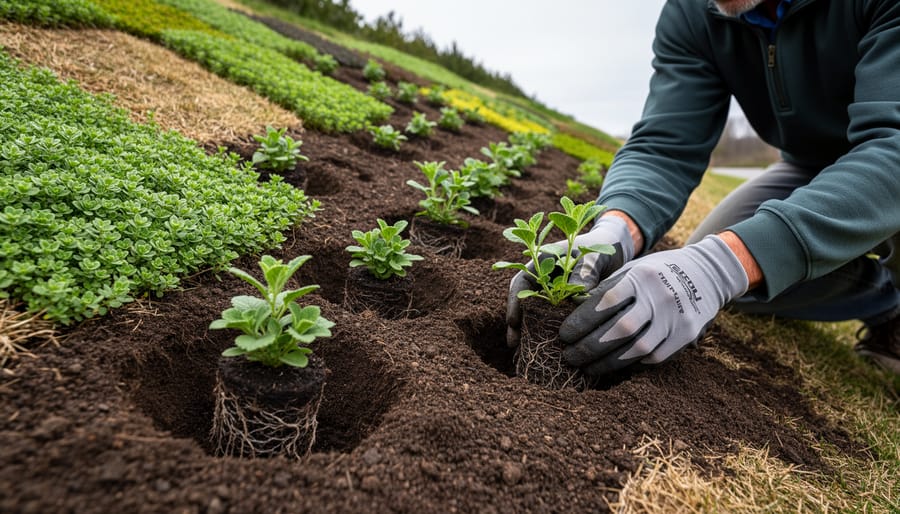 Gardener planting erosion-control groundcover plugs on a sloped perennial bed with close contact to amended soil.