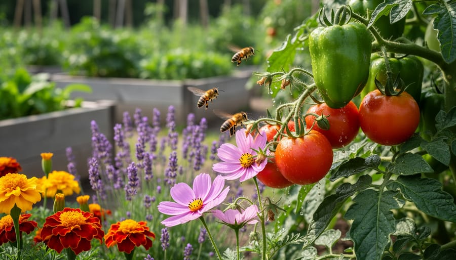 Butterfly and hoverfly visiting flowering companion plants in a garden bed.