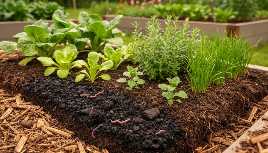 Regenerating garden bed with dark compost and mulch layers, diverse seedlings sprouting, and earthworms visible in the healthy soil.