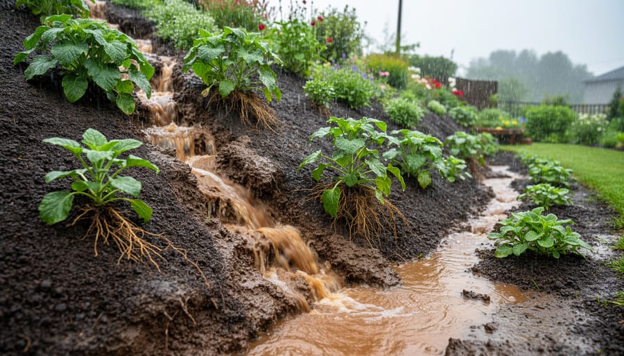Sloped perennial garden bed showing muddy water runoff carving channels and exposing bare soil after rain.