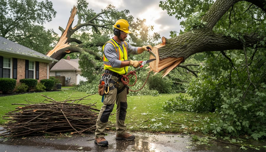 Homeowner wearing safety gear pruning a storm-damaged tree branch with a clean pruning saw
