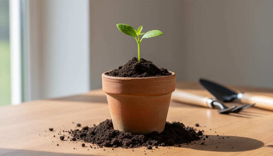 Gardener’s hands holding a small pot with a sprouting seedling