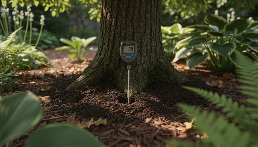 Soil moisture meter probe inserted into soil near a tree’s roots in a shaded garden with hostas and ferns in the background.