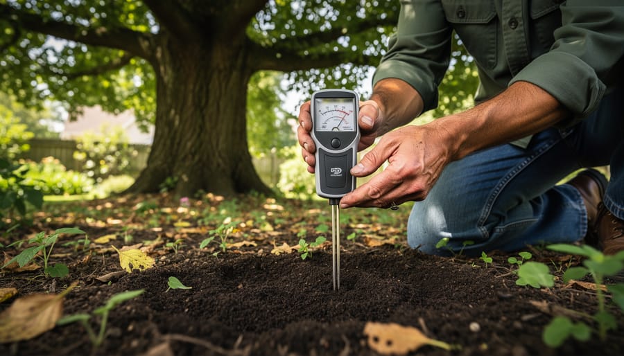 A gardener inserting a soil moisture meter probe into shaded soil beneath a tree