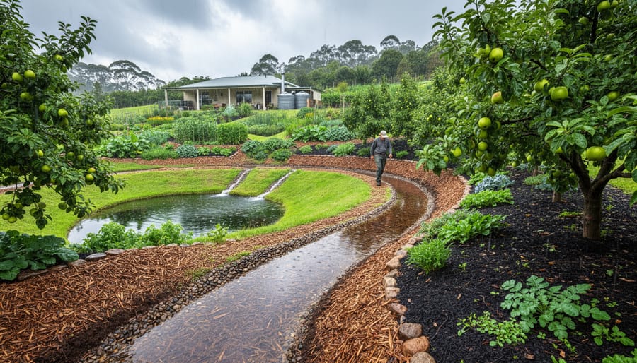 Mulched swale and small rainwater flow in a garden with water-harvesting features